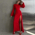Elegant Women's Long Sleeve Maxi Dress Bell Sleeve High Slit Bodycon Evening Gown Polyester Spandex Solid Color Slim Fit Sexy Party Dress for Banquet