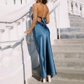 Women's Sexy Backless Satin Maxi Dress Elegant Strapless Lace Up Big Swing Evening Party Cocktail Long Dress
