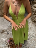 Women Halter Neck Backless Maxi Dress Sexy Deep V-Neck High Slit Solid Color Polyester Blend Sleeveless Summer Beach Vacation Long Dress