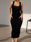 Women Elegant Rhinestone Square Neck Sleeveless Maxi Dress Slim Fit Ribbed Knit Bodycon Long Dress For Party Club Evening Lady