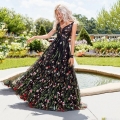 Women Sexy Deep V Neck Sleeveless Embroidered Maxi Dress Backless Slim Fit Big Swing Evening Party Prom Wedding Guest Gown Elegant Floral Mesh Long Dress