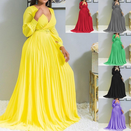 Elegant Women V-Neck Pleated Maxi Dress Chiffon Polyester Slim High Waist Long Sleeve Solid Color Retro Party Evening Gown