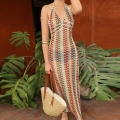 Women's Sexy Halter Neck Maxi Dress Bohemian Striped Wavy Knitted Crochet Bodycon Backless Long Dress For Beach Vacation Summer Resort Wear