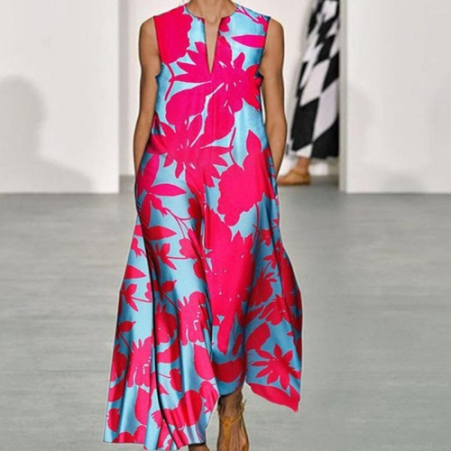 Women's Boho Floral V-Neck Maxi Dress Sleeveless Summer Beach Vacation Loose Satin Print Long Dress For Ladies Elegant Party Wedding Guest