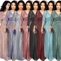 Women's Elegant Metallic Bronzing Pleated Maxi Dress V-Neck Long Sleeve Shiny Glitter A-Line Gown With Belt For Evening Party Wedding Prom Sparkly Long Dresses