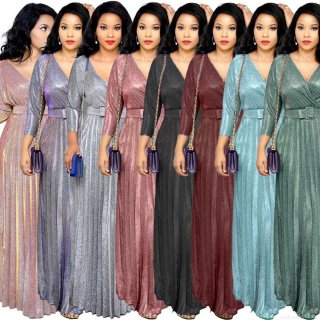 Women's Elegant Metallic Bronzing Pleated Maxi Dress V-Neck Long Sleeve Shiny Glitter A-Line Gown With Belt For Evening Party Wedding Prom Sparkly Long Dresses