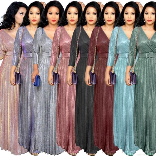 Women's Elegant Metallic Bronzing Pleated Maxi Dress V-Neck Long Sleeve Shiny Glitter A-Line Gown With Belt For Evening Party Wedding Prom Sparkly Long Dresses