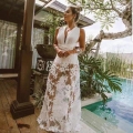 Women Sexy Deep V Neck Lace Hollow Out Maxi Dress Sleeveless Backless White Floral Embroidery Beach Vacation Long Dress For Party Elegant Evening Gown