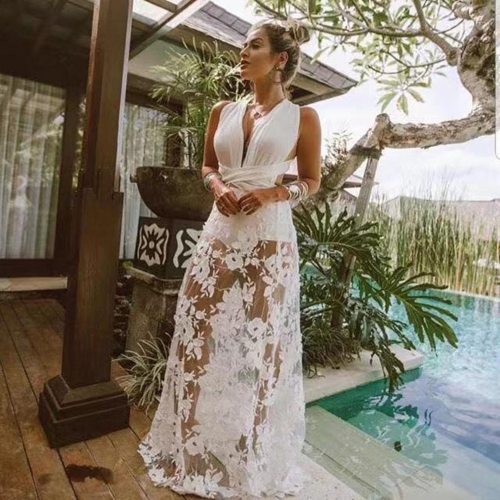 Women Sexy Deep V Neck Lace Hollow Out Maxi Dress Sleeveless Backless White Floral Embroidery Beach Vacation Long Dress For Party Elegant Evening Gown