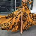Women's Sexy Deep V Neck Long Sleeve Maxi Dress Slim Fit High Slit Abstract Leopard Print Milk Silk Dress For Spring Summer Party Vacation
