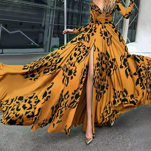 Women's Sexy Deep V Neck Long Sleeve Maxi Dress Slim Fit High Slit Abstract Leopard Print Milk Silk Dress For Spring Summer Party Vacation