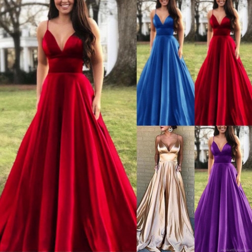 Women Sexy Evening Dress V-Neck Satin Spaghetti Strap Elegant Solid Color Sleeveless High Waist Large Swing Floor Length Maxi Dress For Banquet Wedding
