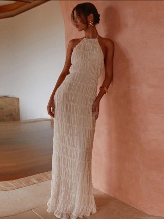 Women Halter Neck Backless Pleated Maxi Dress Sexy Solid Color Ruffle Chiffon Bodycon Long Dress For Summer Beach Vacation Party Evening
