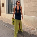 Women Sexy Spliced Halter Maxi Dress Knit And Chiffon Hollow Out Bandage Long Dress With Metal Snake Decor For Summer Party Evening Clubwear