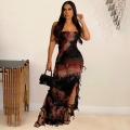 Women Sexy Halter Neck Tie-Dye Maxi Dress Strapless Backless High Split Slim Fit Knit Bodycon Long Dress Streetwear Party Nightclub Clubwear Clothing