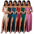Women's Elegant Satin Maxi Dress Sexy Backless Lace-up Evening Gown High Slit Cowl Neck Prom Party Dress Solid Color Sleeveless Formal Long Dress For Banquet