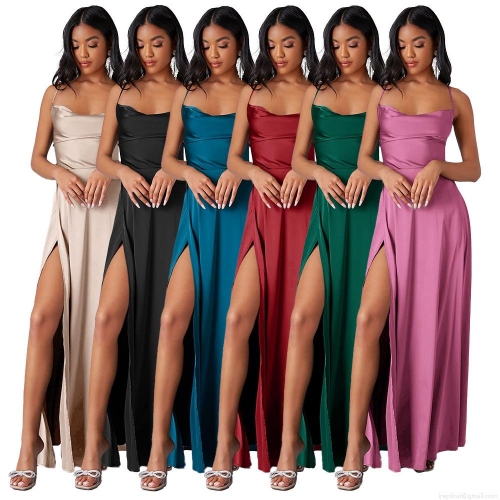 Women's Elegant Satin Maxi Dress Sexy Backless Lace-up Evening Gown High Slit Cowl Neck Prom Party Dress Solid Color Sleeveless Formal Long Dress For Banquet