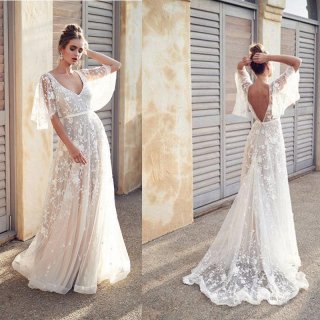 Elegant White Lace V-neck Backless Maxi Dress With Butterfly Sleeves Bohemian Floral Embroidery Wedding Gown For Women Summer Party Evening Dress