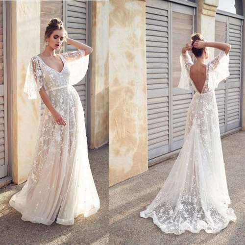 Elegant White Lace V-neck Backless Maxi Dress With Butterfly Sleeves Bohemian Floral Embroidery Wedding Gown For Women Summer Party Evening Dress