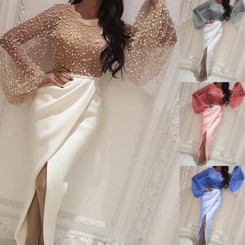 Elegant Women's Pearl Mesh Long Maxi Dress Slim Fit High Slit Long Sleeve Satin Patchwork Formal Cocktail Party Evening Ball Gown