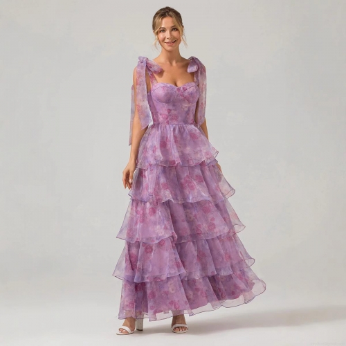 Women's Elegant Light Purple Floral Organza Maxi Dress Sleeveless Bow Straps Layered Cake Dress For Wedding Party Summer Beach Sundress