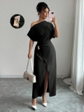 Elegant One Shoulder Maxi Dress for Women Sexy Ruched Side Split Long Dress with Metal Buckle Polyester Spandex Slim Fit Bodycon Evening Party Gown