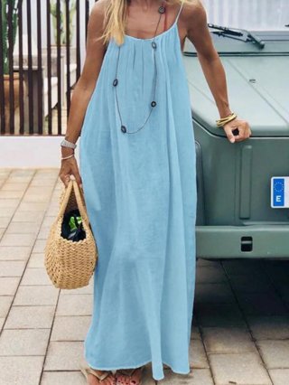 Women's Sexy Backless Spaghetti Strap Maxi Dress Solid Color Pleated Ice Silk Fabric Beach Holiday Sundress Loose A-Line Long Dress For Summer Vacation