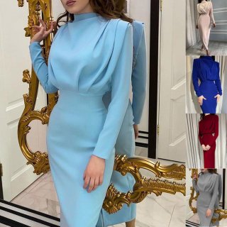 Women's Elegant High Neck Ruched Long Sleeve Maxi Dress Slim Fit Solid Color Bodycon Long Dress for Autumn Winter Party Commute