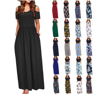 Women's Elegant Cold Shoulder Maxi Dress With Pockets Summer Casual A-Line Long Dress Polyester Spandex Blend Leopard Floral Print Dress