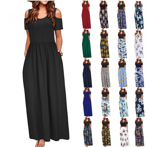 Women's Elegant Cold Shoulder Maxi Dress With Pockets Summer Casual A-Line Long Dress Polyester Spandex Blend Leopard Floral Print Dress