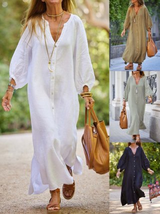 Women Elegant V Neck Button Down Maxi Shirt Dress Casual Long Sleeve Lantern Sleeve Side Split Bohemian Cotton Linen Look Polyester Spandex Dress For Vacation Daily Wear