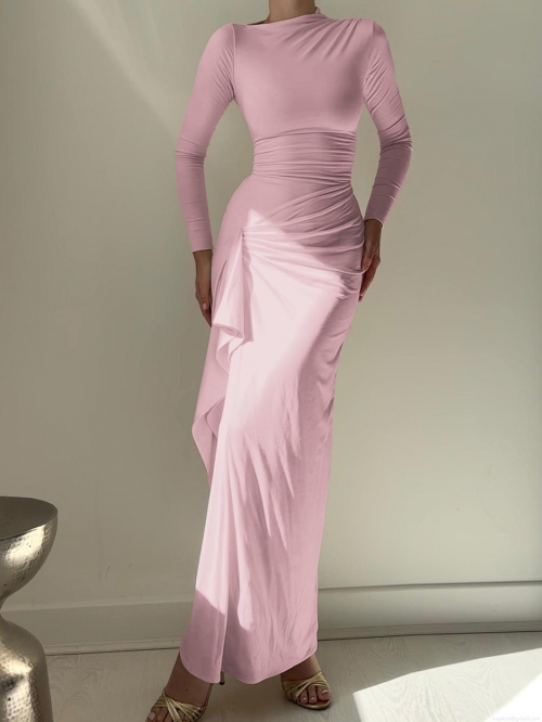 Women's Elegant Ruched Maxi Dress Long Sleeve Round Neck Side Split Backless Lace Up Slim Fit Sexy Evening Party Cocktail Wedding Guest Gown Polyester Spandex Solid Color Long Dress