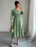 Women's Elegant V-Neck Polka Dot Viscose Midi Dress With Button Decor Puff Sleeve A-Line Flowy Vacation Party Dress Daily Casual Outfit