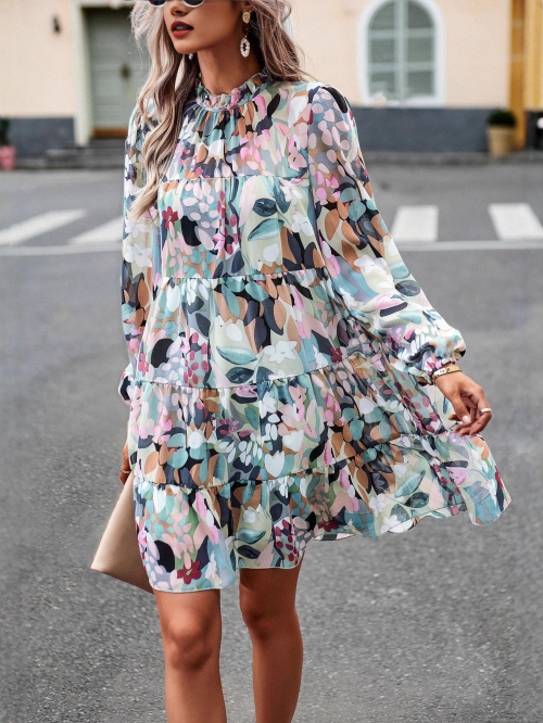 Elegant Floral Print Tiered Maxi Dress Women Long Sleeve Stand Collar Ruffle Cake Dress Casual Party Autumn Winter 100% Polyester Gown