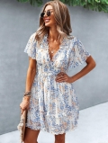 Women's Summer Casual Floral V-Neck Short Sleeve Midi Dress Lightweight Polyester Ruffle Hem A-Line Dress For Vacation Holiday Party Women Clothing