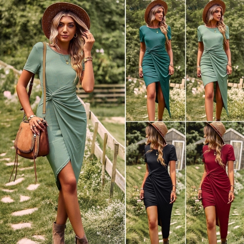 Women's Ribbed Knit Midi Dress Twist Front Ruched Side Slit Irregular Hem Short Sleeve Round Neck Bodycon Dress 100% Acrylic Solid Color Casual Party Vacation Slim Fit Dress