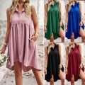 Women's Elegant Sleeveless V-Neck Shirt Dress Solid Color High-Low Hem Tiered A-Line Midi Dress With Pockets For Summer Leisure Vacation