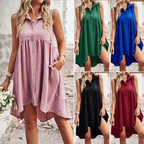 Women's Elegant Sleeveless V-Neck Shirt Dress Solid Color High-Low Hem Tiered A-Line Midi Dress With Pockets For Summer Leisure Vacation