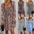 Women's Floral Print Long Sleeve Midi Dress Smocked Square Neck Ruffle Flowy A-Line Casual Party Vacation Chiffon Dress For Women