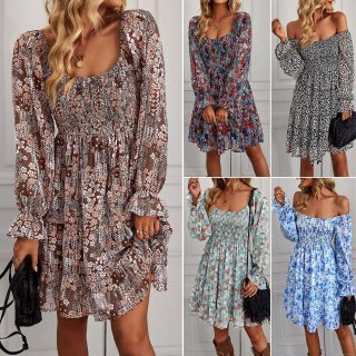 Women's Floral Print Long Sleeve Midi Dress Smocked Square Neck Ruffle Flowy A-Line Casual Party Vacation Chiffon Dress For Women