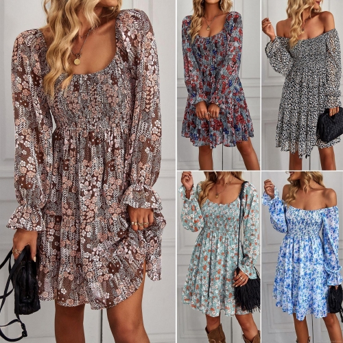 Women's Floral Print Long Sleeve Midi Dress Smocked Square Neck Ruffle Flowy A-Line Casual Party Vacation Chiffon Dress For Women