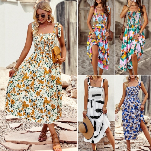 Women's Floral Print Camisole Dress Summer Boho A-Line Midi Dress With Smocked Bodice And Adjustable Straps High Waist Casual Beach Vacation Sundress For Ladies