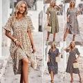 Women's V Neck Short Sleeve Floral Print Midi Dress Polyester Spandex Blend Tiered Hem Bohemian Style A-Line Casual Party Dress