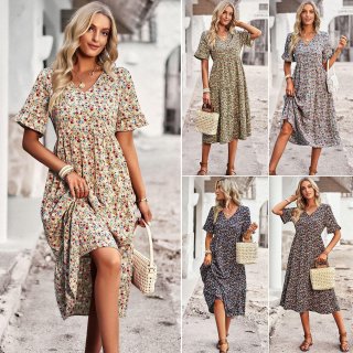 Women's V Neck Short Sleeve Floral Print Midi Dress Polyester Spandex Blend Tiered Hem Bohemian Style A-Line Casual Party Dress