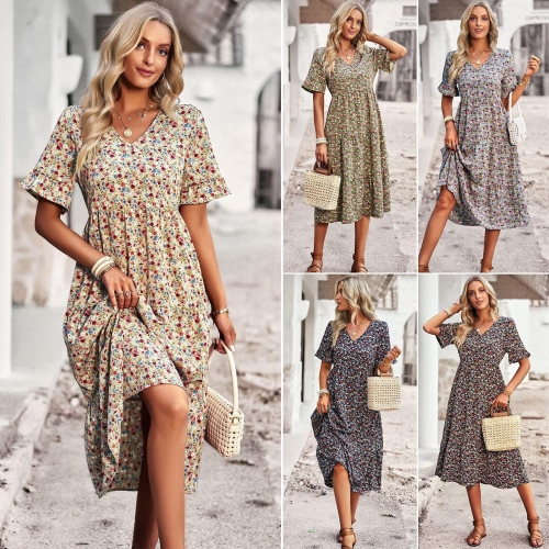 Women's V Neck Short Sleeve Floral Print Midi Dress Polyester Spandex Blend Tiered Hem Bohemian Style A-Line Casual Party Dress