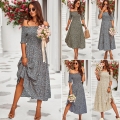 Women Off Shoulder Floral Print Midi Dress Smocked Waist Puff Sleeve Slit Elegant Summer Vacation Resort Style A-Line Sundress