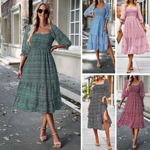 Women's Floral Leopard Print Square Neck Midi Dress Smocked Bodice 3/4 Puff Sleeve Tiered Ruffle Dress With Slit Elegant Polyester Viscose Vacation Party Long Dress