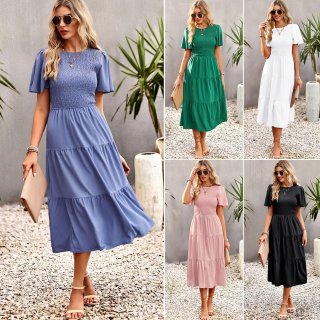 Women's Summer Smocked Tiered Midi Dress Viscose Polyester Blend Round Neck Ruffle Short Sleeve Casual High Waist Vacation A-Line Dresses for Ladies