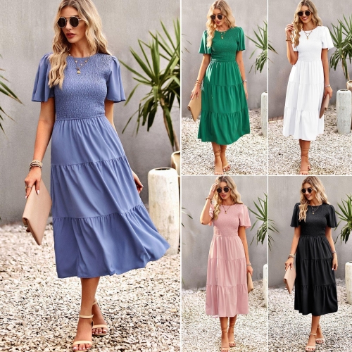 Women's Summer Smocked Tiered Midi Dress Viscose Polyester Blend Round Neck Ruffle Short Sleeve Casual High Waist Vacation A-Line Dresses for Ladies