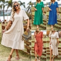 Women's V Neck Tiered Boho Midi Dress 100% Viscose Short Flutter Sleeve Casual Loose Summer Beach Dress with Tassel Tie and Buttons for Women
